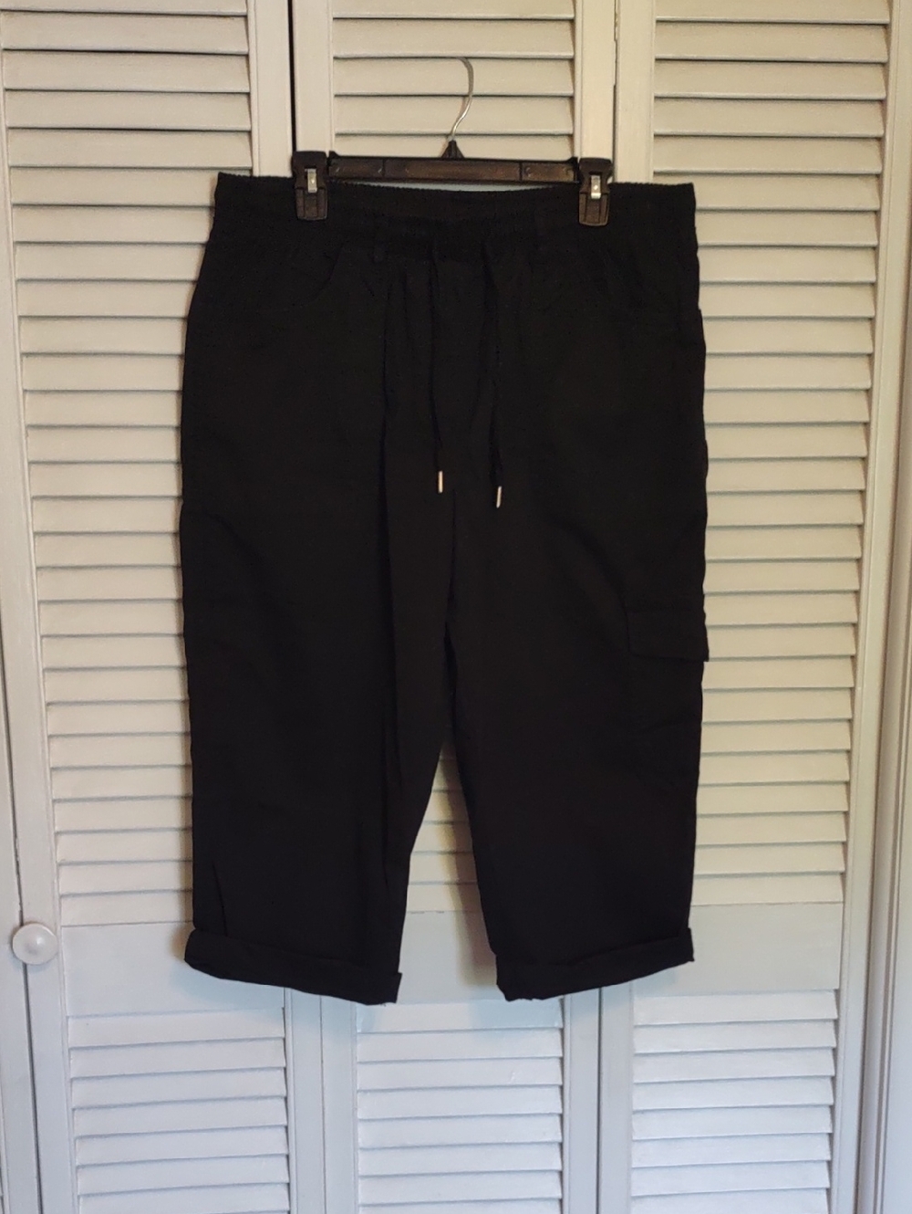 VGUC Allison Daley Black Cotton Capri Cropped Pants Elastic Waist Drawstring 14